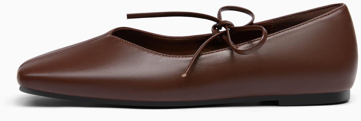 image:imageCoutgo Womens Mary Jane Flats Lace Up Square Toe Ballet Ballerina Flats Slip On Comfortable Dressy ShoesDark Brown Pu