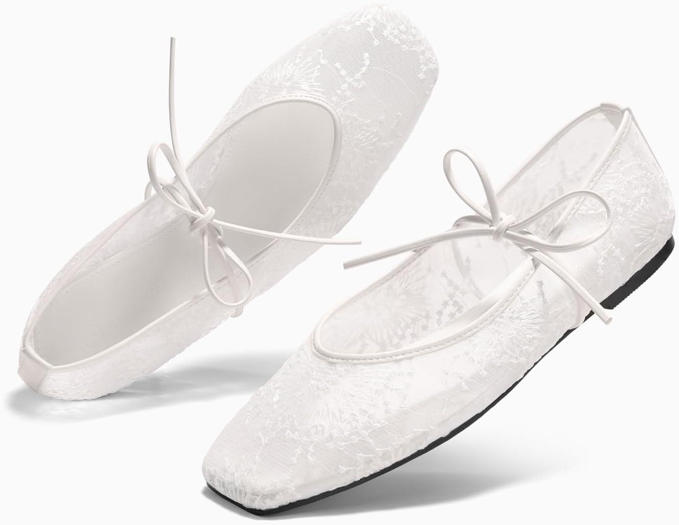 image:imageCoutgo Womens Mary Jane Flats Lace Up Square Toe Ballet Ballerina Flats Slip On Comfortable Dressy ShoesWhite Mesh