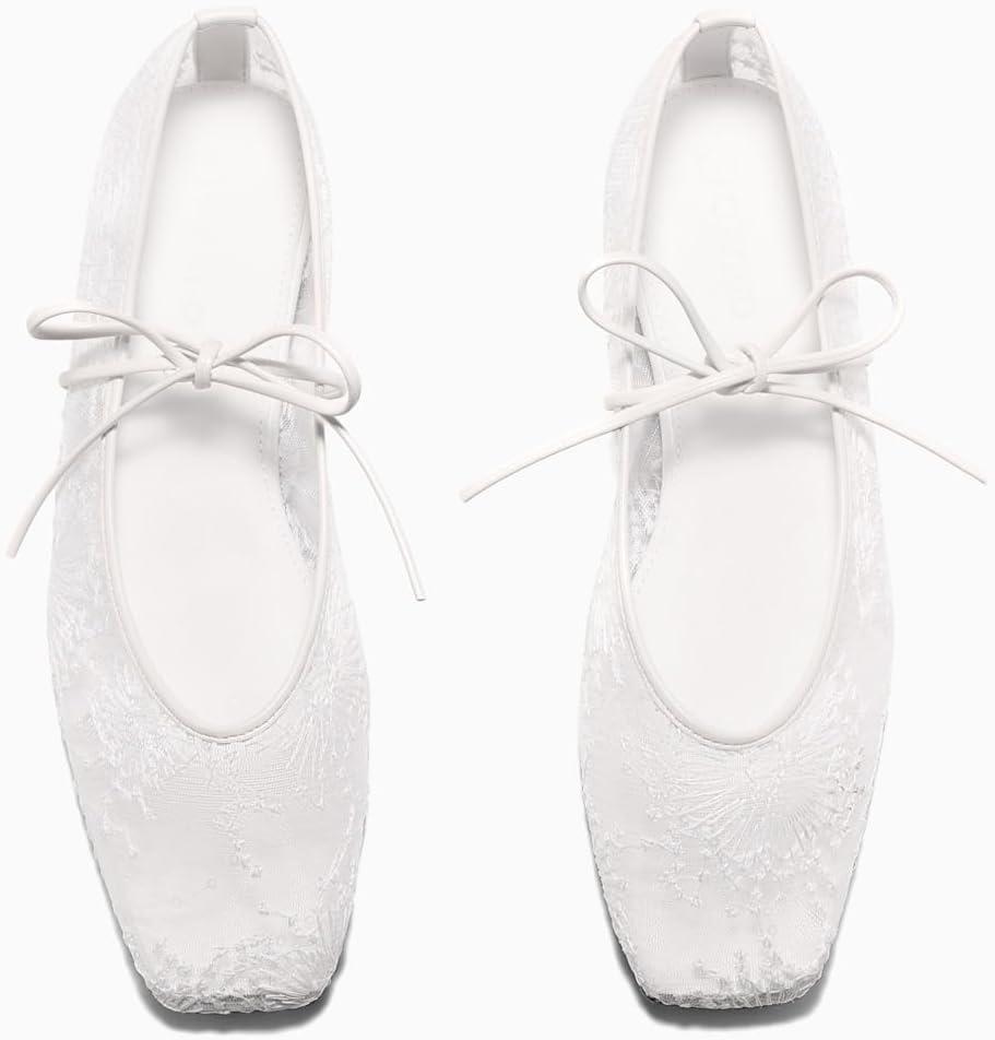 image:imageCoutgo Womens Mary Jane Flats Lace Up Square Toe Ballet Ballerina Flats Slip On Comfortable Dressy ShoesWhite Mesh