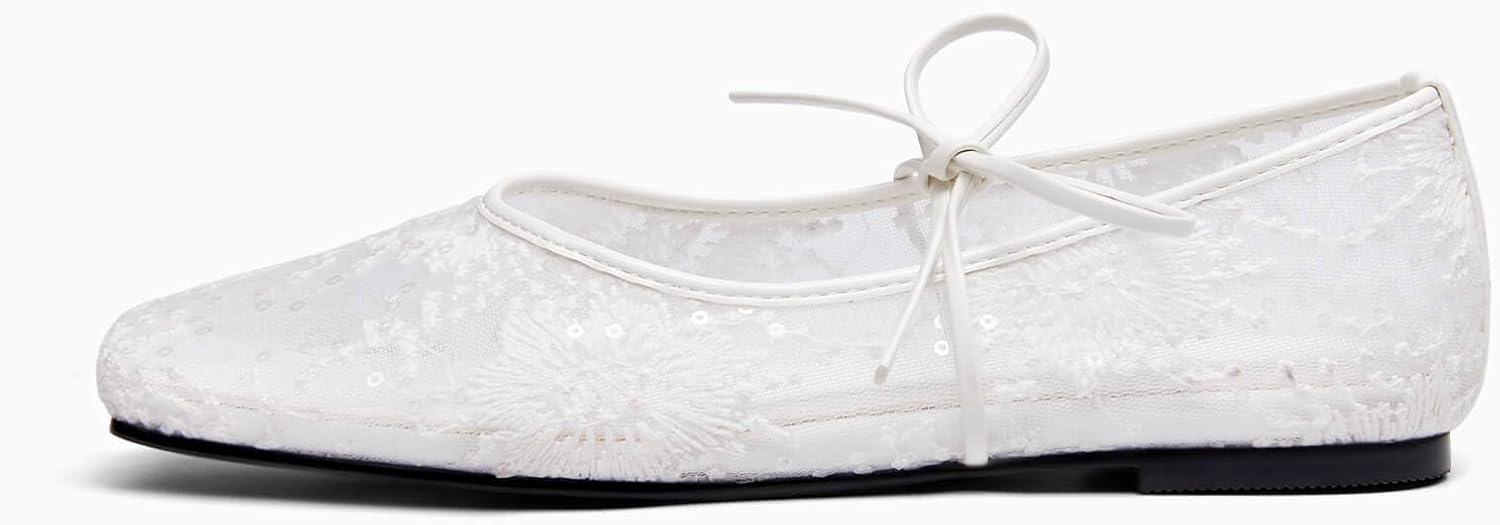 image:imageCoutgo Womens Mary Jane Flats Lace Up Square Toe Ballet Ballerina Flats Slip On Comfortable Dressy ShoesWhite Mesh