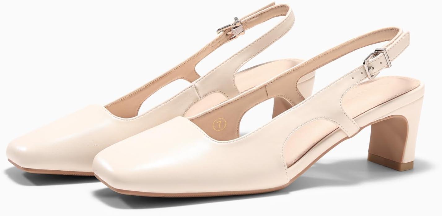 image:imageCoutgo Womens Slingback Chunky Low Heels Closed Square Toe Pumps Wedding Party Dress ShoesBeige Pu