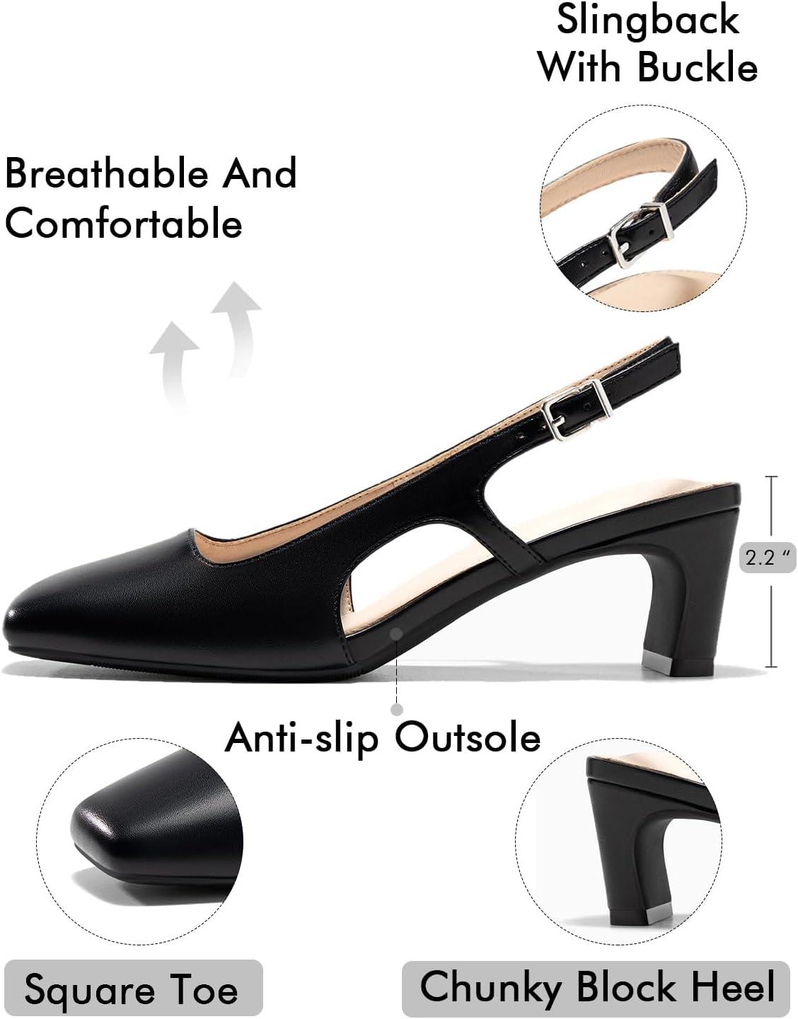 image:imageCoutgo Womens Slingback Chunky Low Heels Closed Square Toe Pumps Wedding Party Dress ShoesBlack Pu