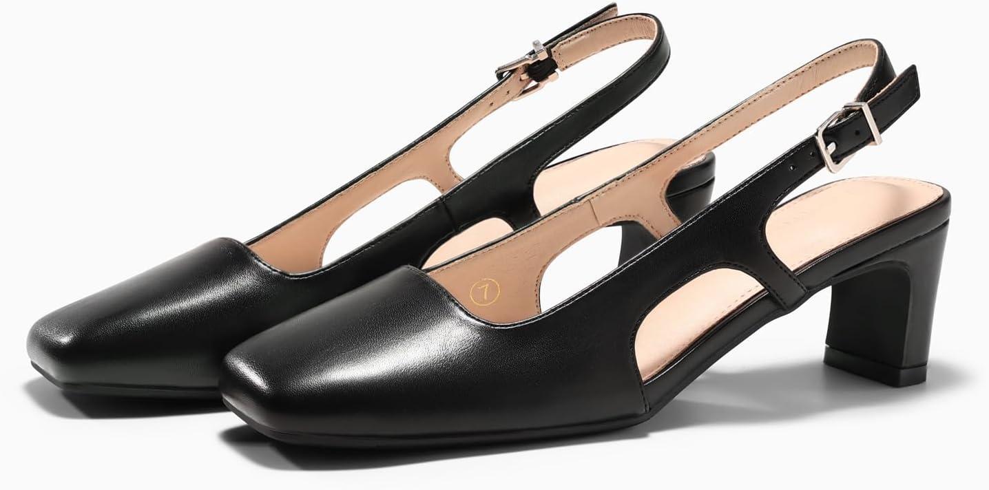 image:imageCoutgo Womens Slingback Chunky Low Heels Closed Square Toe Pumps Wedding Party Dress ShoesBlack Pu
