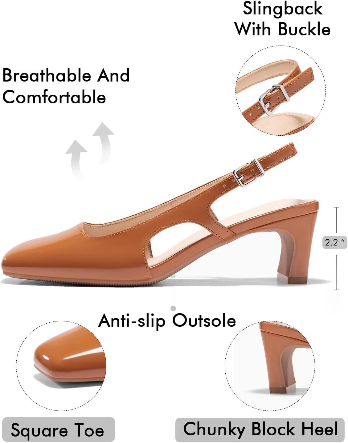 image:imageCoutgo Womens Slingback Chunky Low Heels Closed Square Toe Pumps Wedding Party Dress ShoesBrown Patent