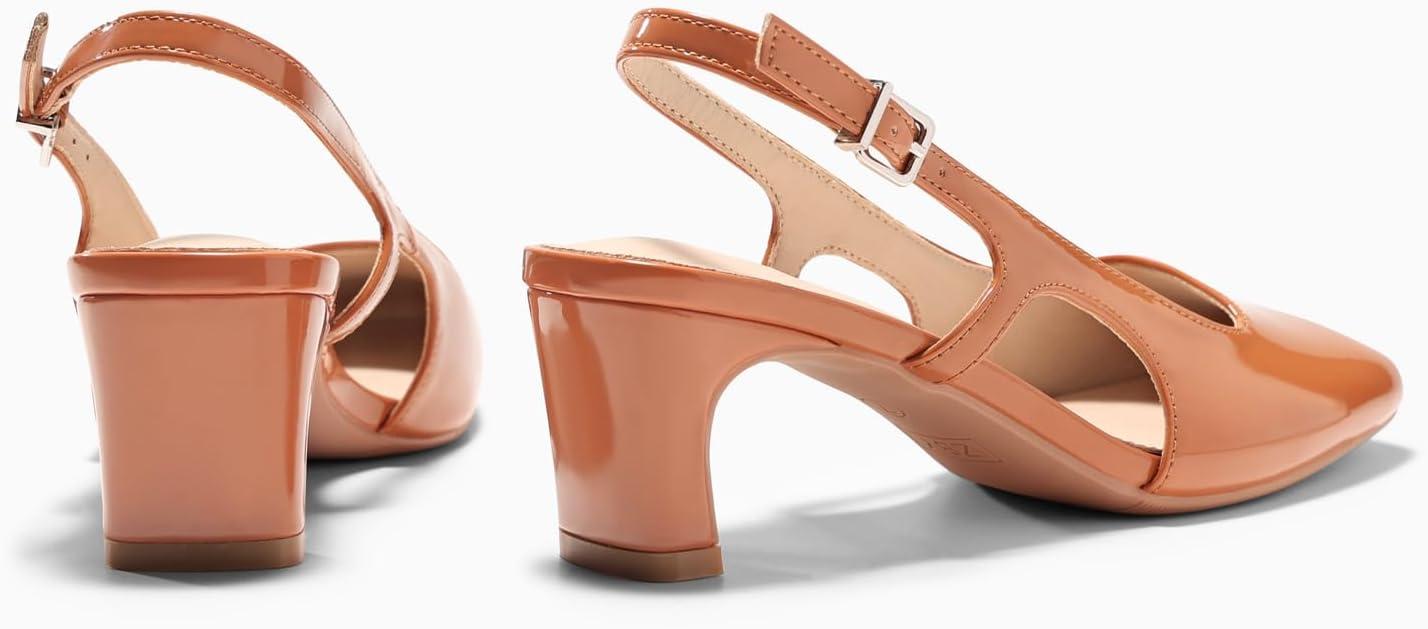 image:imageCoutgo Womens Slingback Chunky Low Heels Closed Square Toe Pumps Wedding Party Dress ShoesBrown Patent