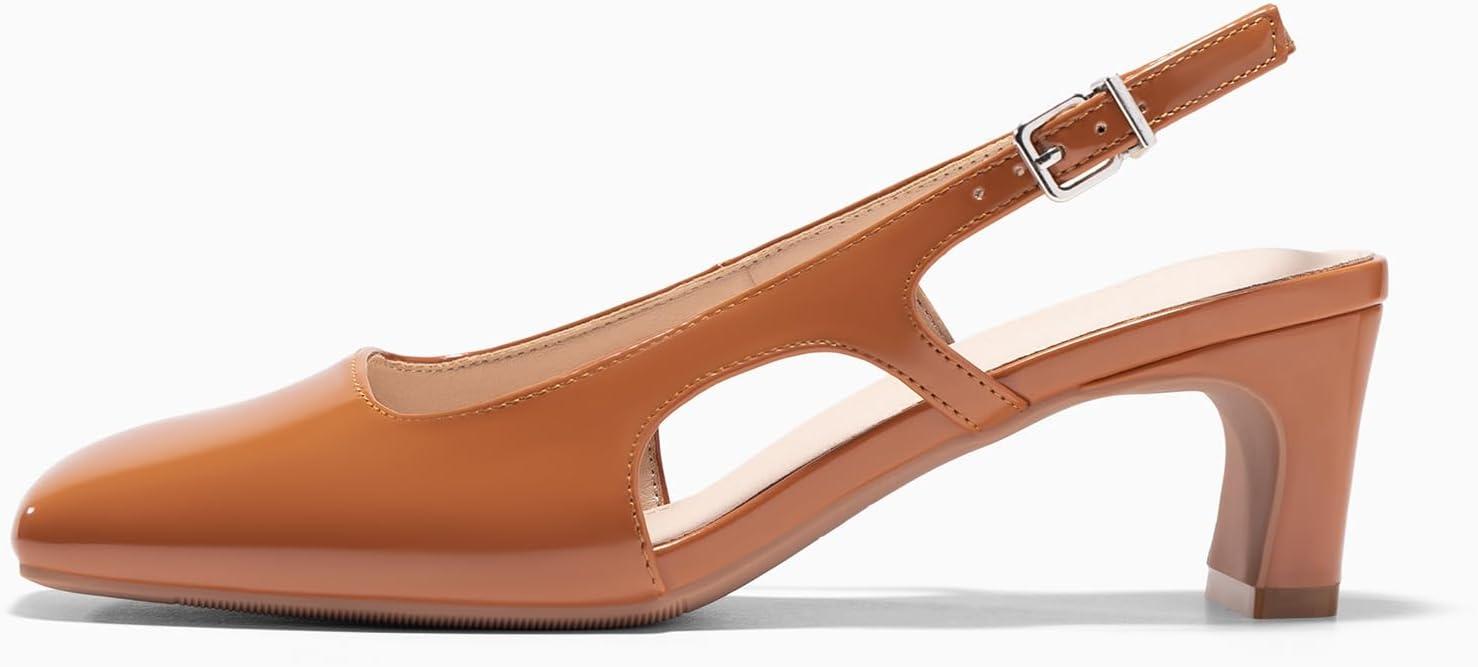 image:imageCoutgo Womens Slingback Chunky Low Heels Closed Square Toe Pumps Wedding Party Dress ShoesBrown Patent