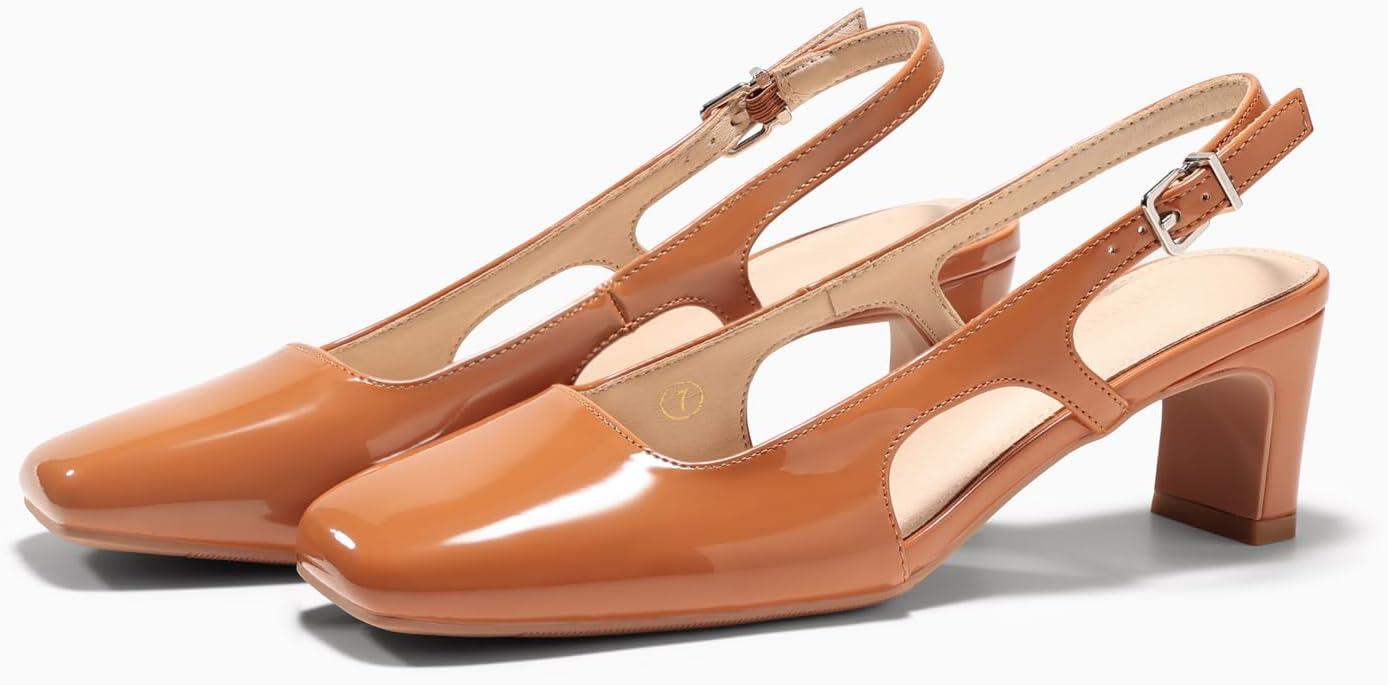 image:imageCoutgo Womens Slingback Chunky Low Heels Closed Square Toe Pumps Wedding Party Dress ShoesBrown Patent