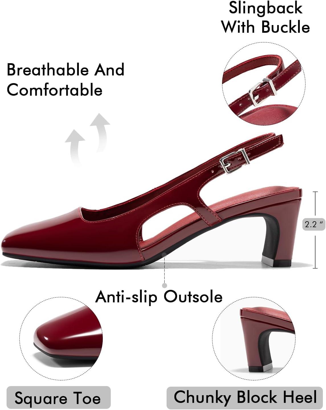 image:imageCoutgo Womens Slingback Chunky Low Heels Closed Square Toe Pumps Wedding Party Dress ShoesBurgundy Patent
