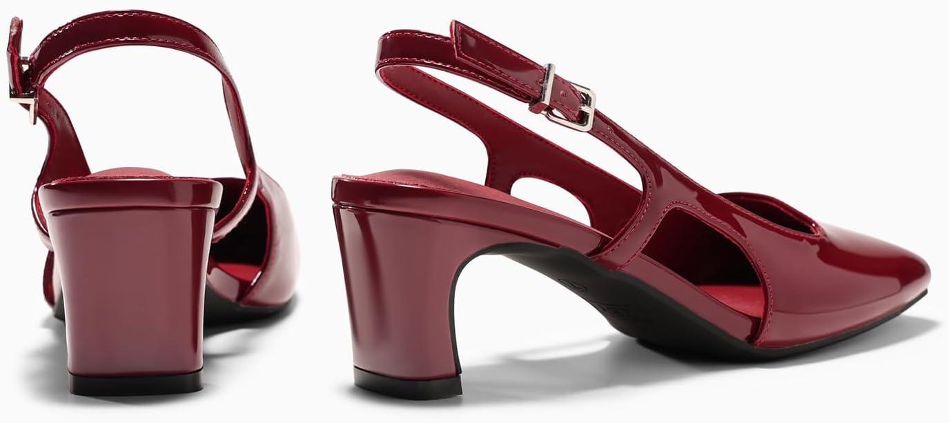 image:imageCoutgo Womens Slingback Chunky Low Heels Closed Square Toe Pumps Wedding Party Dress ShoesBurgundy Patent