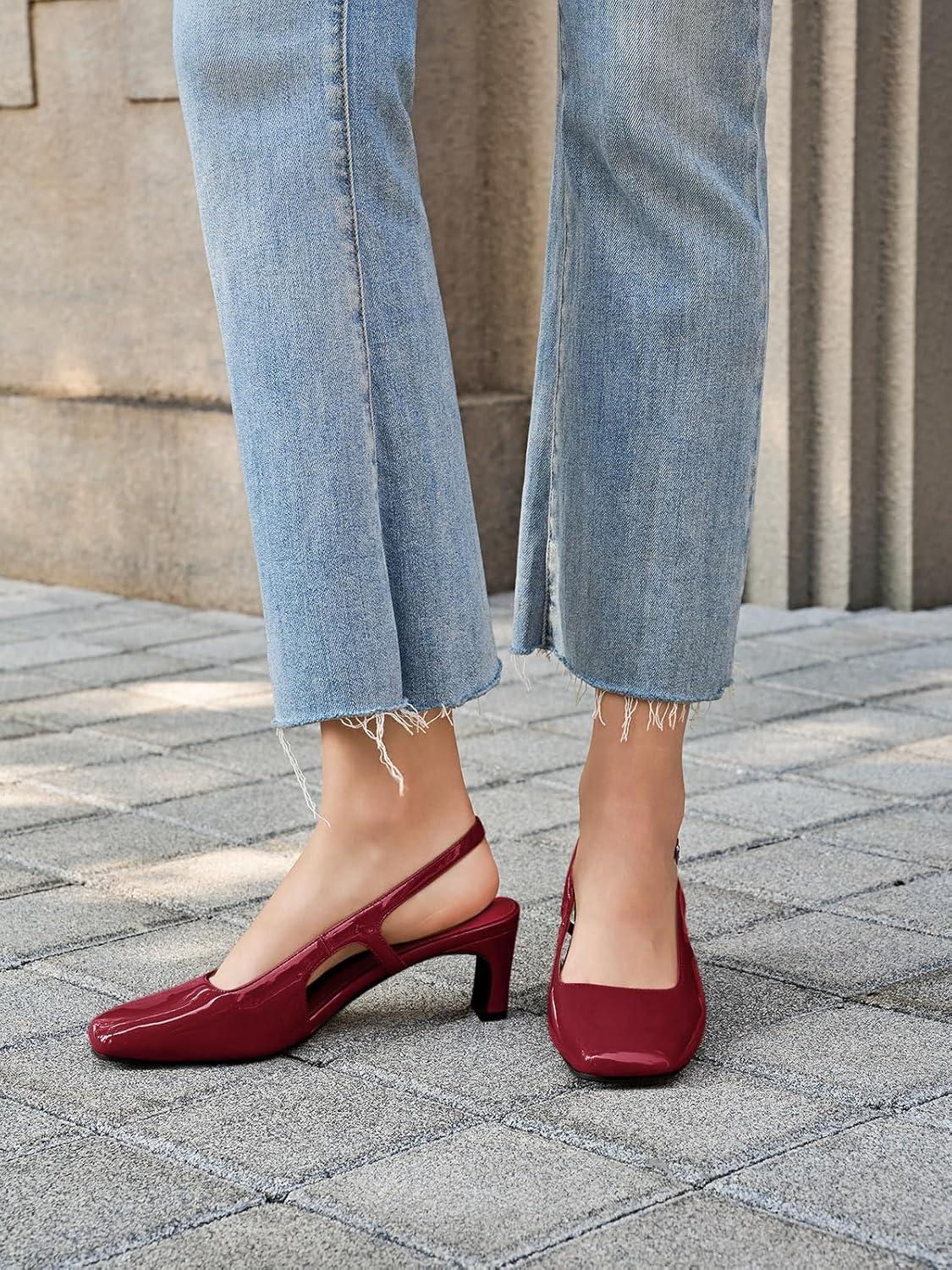 image:imageCoutgo Womens Slingback Chunky Low Heels Closed Square Toe Pumps Wedding Party Dress ShoesBurgundy Patent