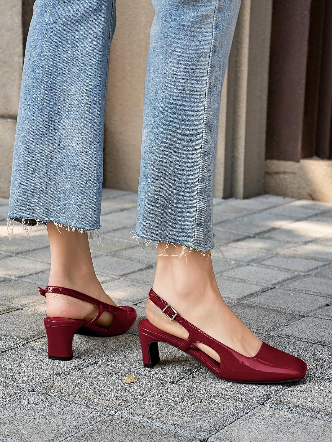 image:imageCoutgo Womens Slingback Chunky Low Heels Closed Square Toe Pumps Wedding Party Dress ShoesBurgundy Patent