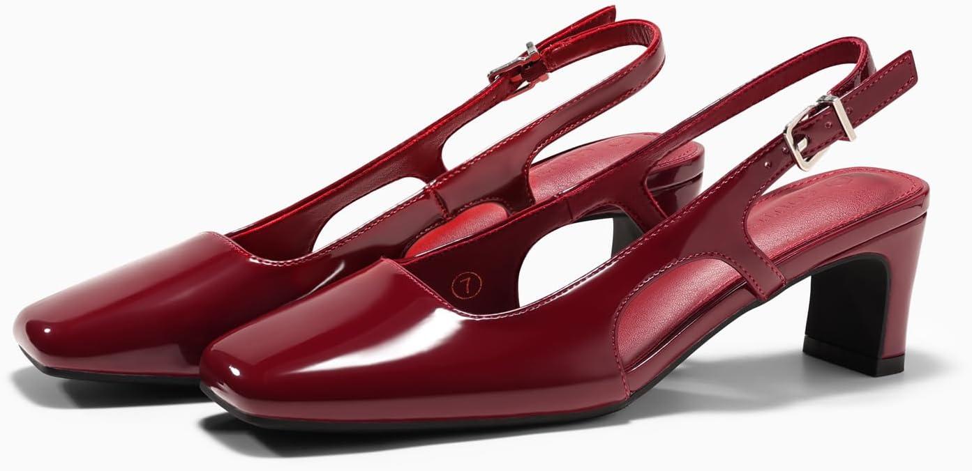 image:imageCoutgo Womens Slingback Chunky Low Heels Closed Square Toe Pumps Wedding Party Dress ShoesBurgundy Patent