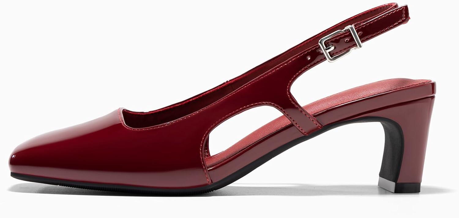 image:imageCoutgo Womens Slingback Chunky Low Heels Closed Square Toe Pumps Wedding Party Dress ShoesBurgundy Patent