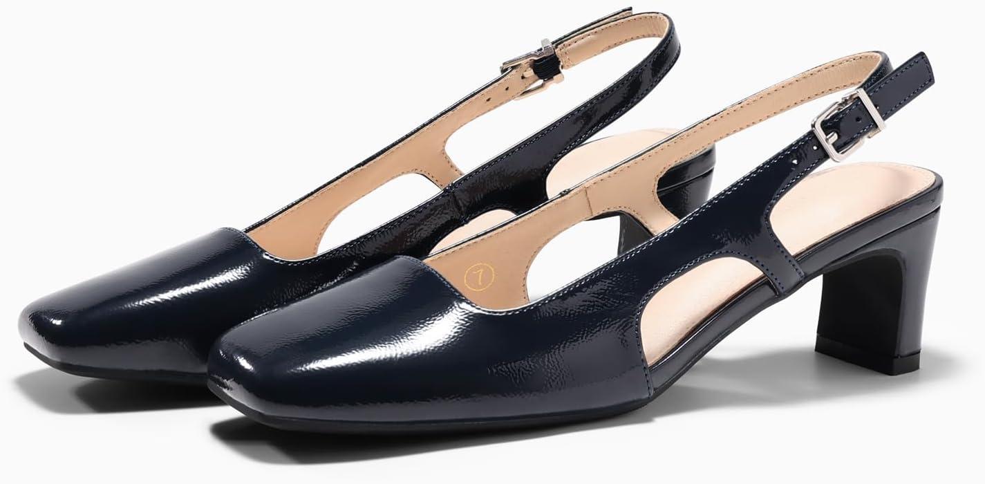 image:imageCoutgo Womens Slingback Chunky Low Heels Closed Square Toe Pumps Wedding Party Dress ShoesNavy Patent