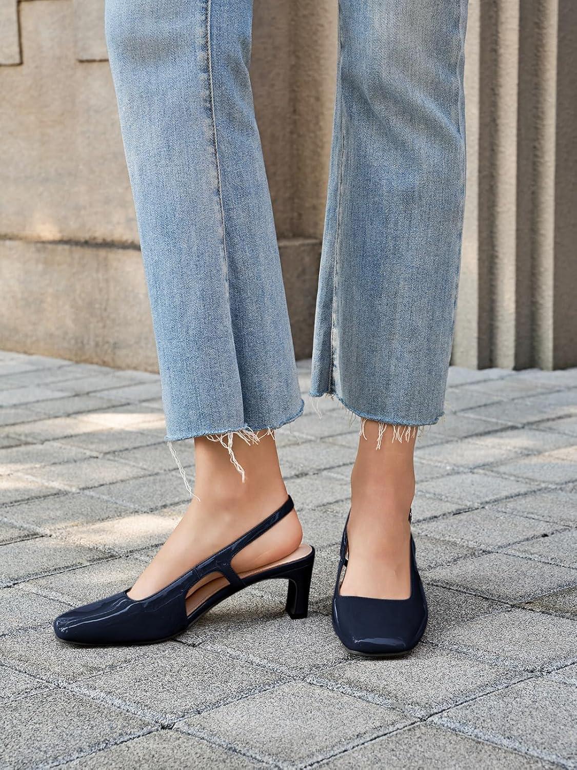 image:imageCoutgo Womens Slingback Chunky Low Heels Closed Square Toe Pumps Wedding Party Dress ShoesNavy Patent