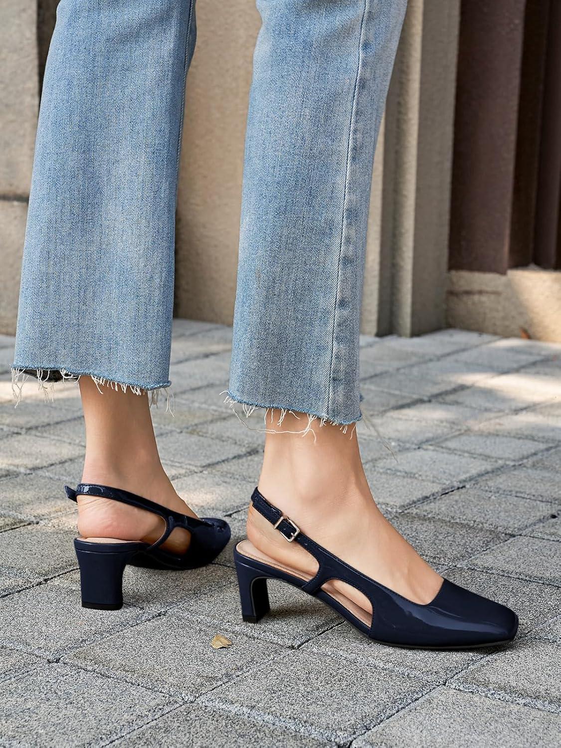 image:imageCoutgo Womens Slingback Chunky Low Heels Closed Square Toe Pumps Wedding Party Dress ShoesNavy Patent