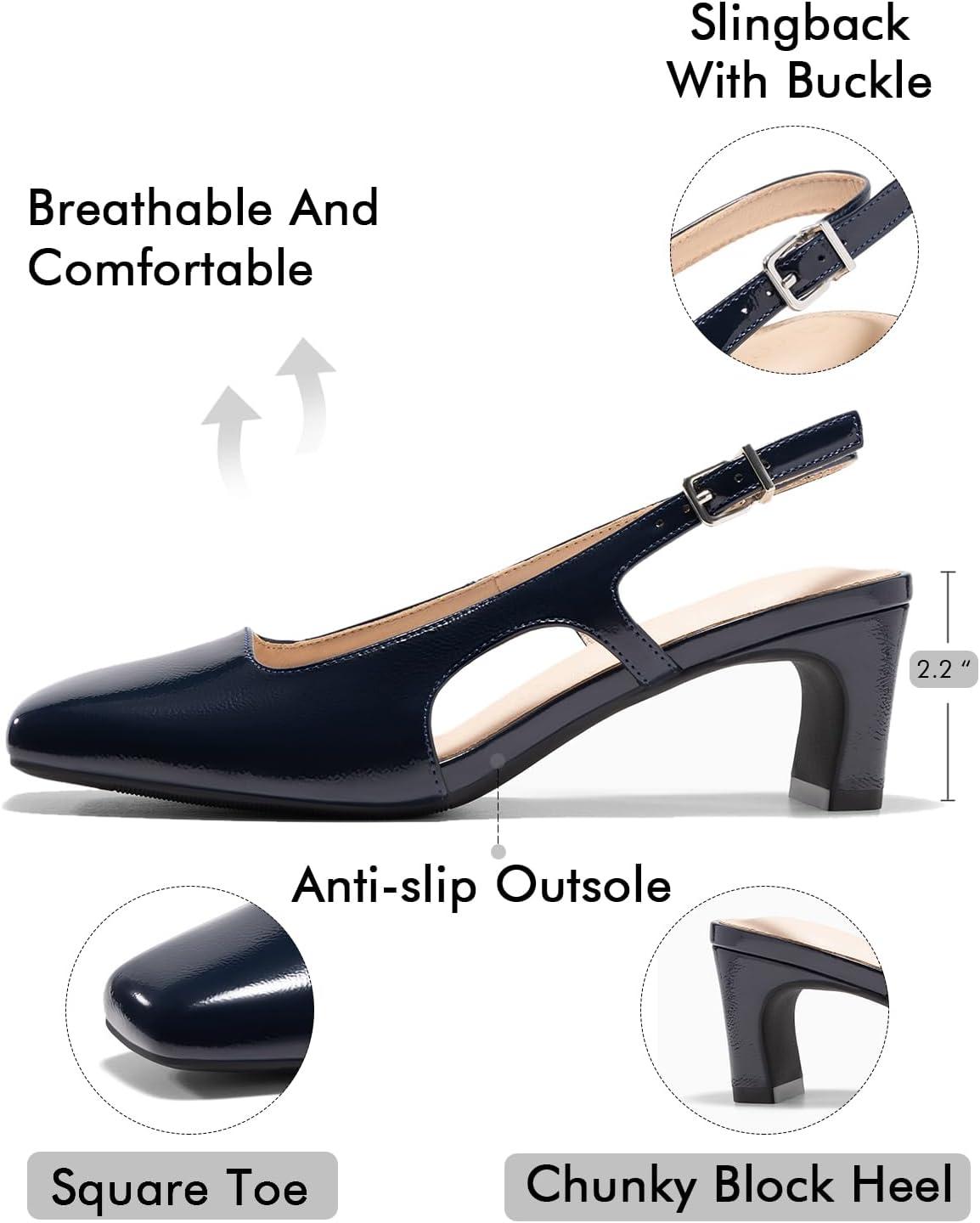 image:imageCoutgo Womens Slingback Chunky Low Heels Closed Square Toe Pumps Wedding Party Dress ShoesNavy Patent