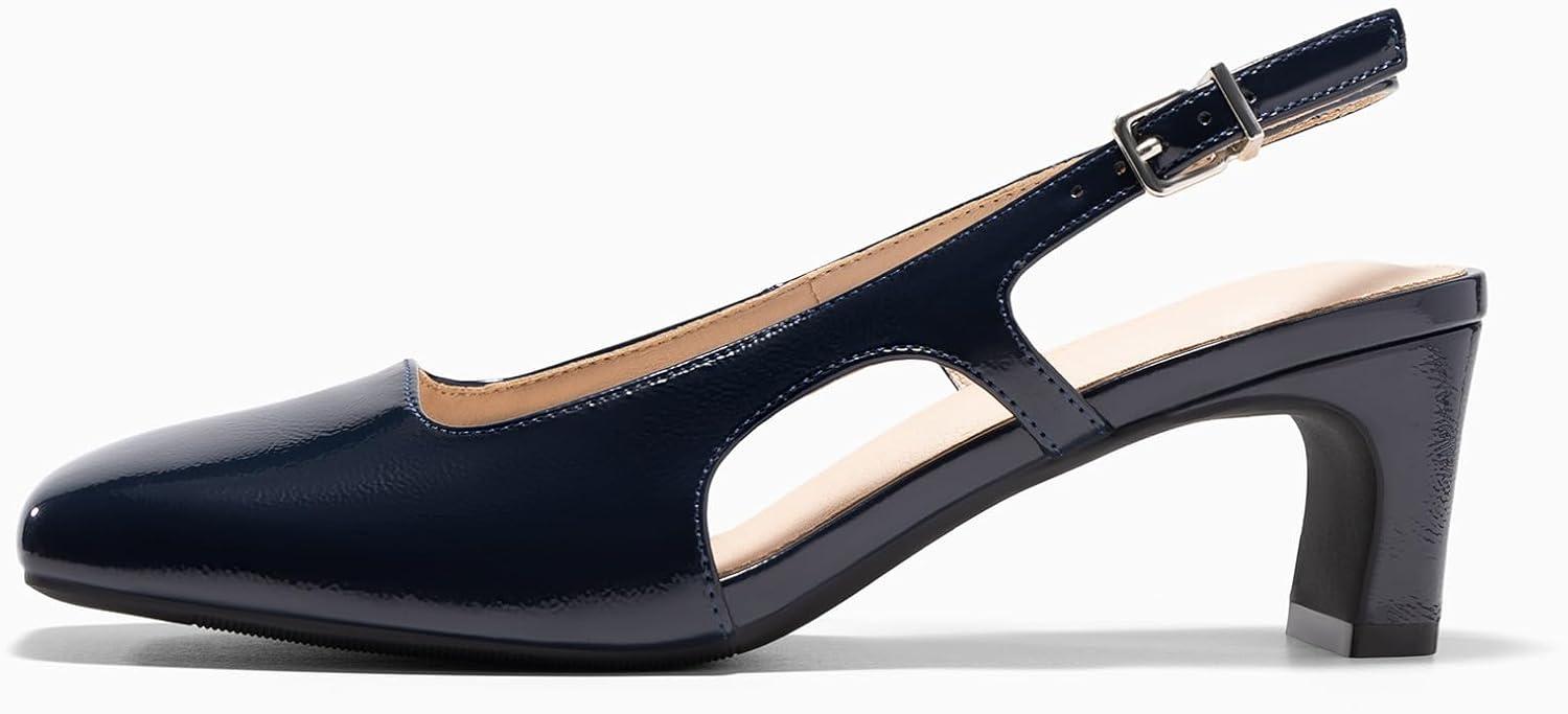 image:imageCoutgo Womens Slingback Chunky Low Heels Closed Square Toe Pumps Wedding Party Dress ShoesNavy Patent