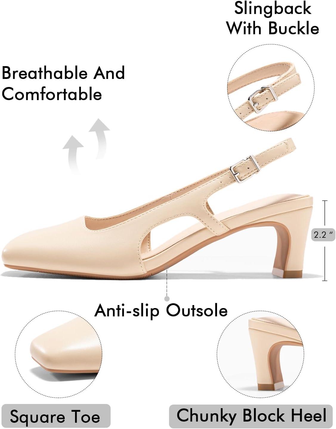 image:imageCoutgo Womens Slingback Chunky Low Heels Closed Square Toe Pumps Wedding Party Dress ShoesNude Pu