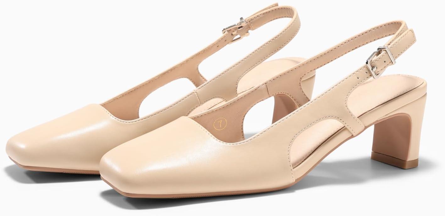 image:imageCoutgo Womens Slingback Chunky Low Heels Closed Square Toe Pumps Wedding Party Dress ShoesNude Pu