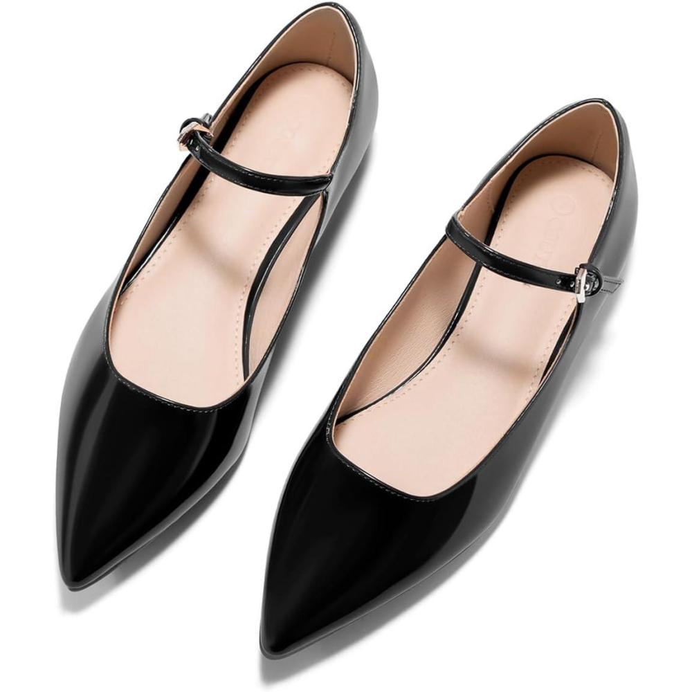 image:imageCoutgo Womens Mary Jane Flats Closed Pointed Toe Ballet Flats Ankle Strap Work Dress ShoesBlack