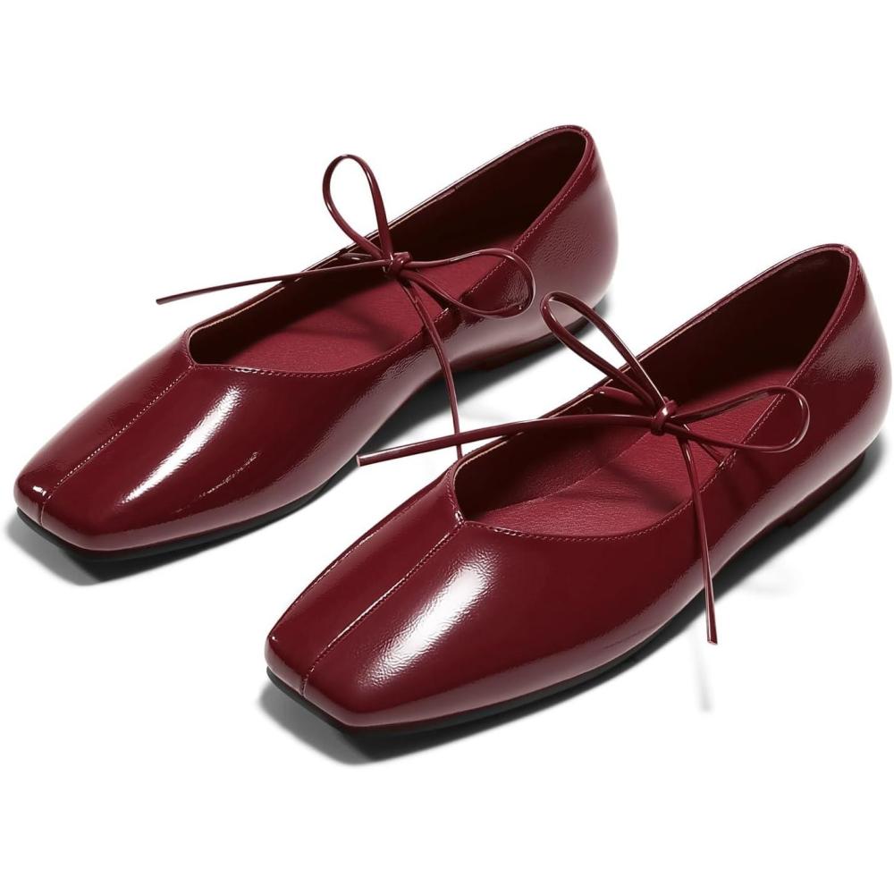 image:imageCoutgo Womens Mary Jane Flats Lace Up Square Toe Ballet Ballerina Flats Slip On Comfortable Dressy ShoesBurgundy Patent Leather