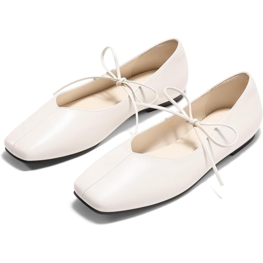 image:imageCoutgo Womens Mary Jane Flats Lace Up Square Toe Ballet Ballerina Flats Slip On Comfortable Dressy ShoesCream White Pu