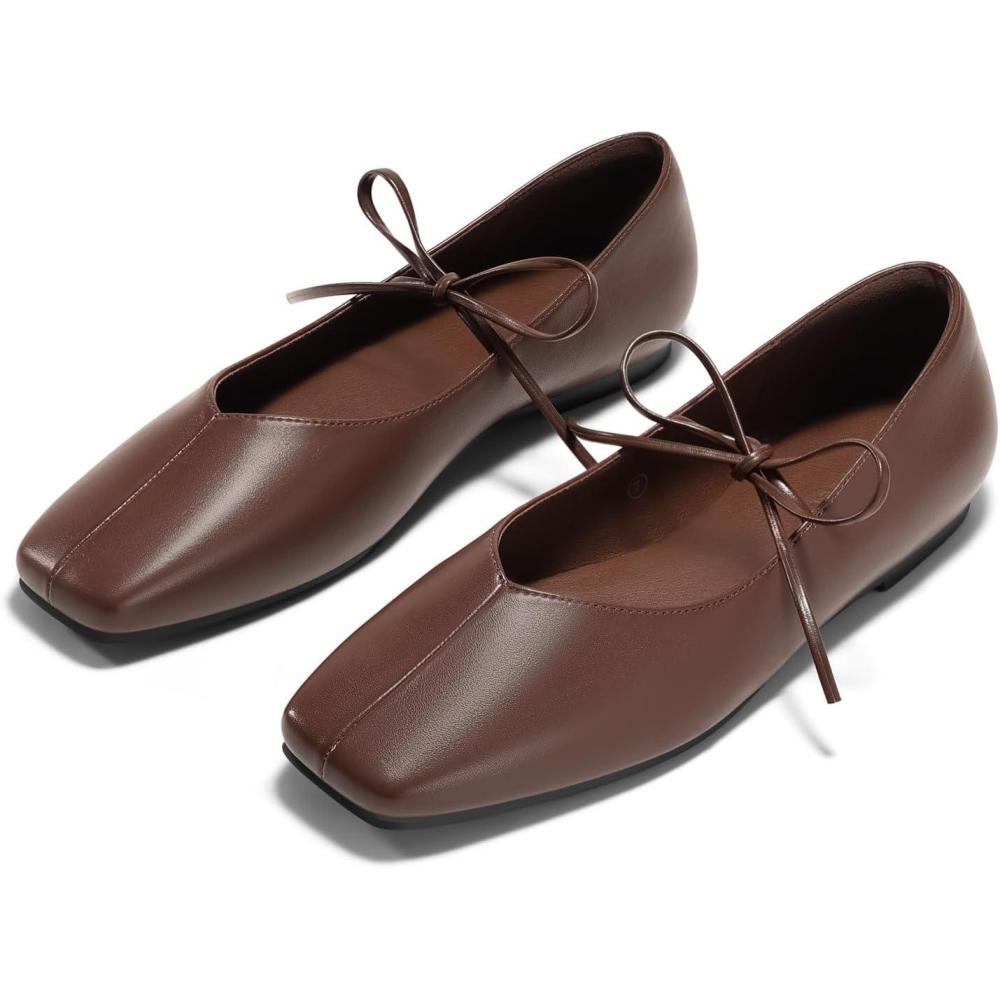image:imageCoutgo Womens Mary Jane Flats Lace Up Square Toe Ballet Ballerina Flats Slip On Comfortable Dressy ShoesDark Brown Pu