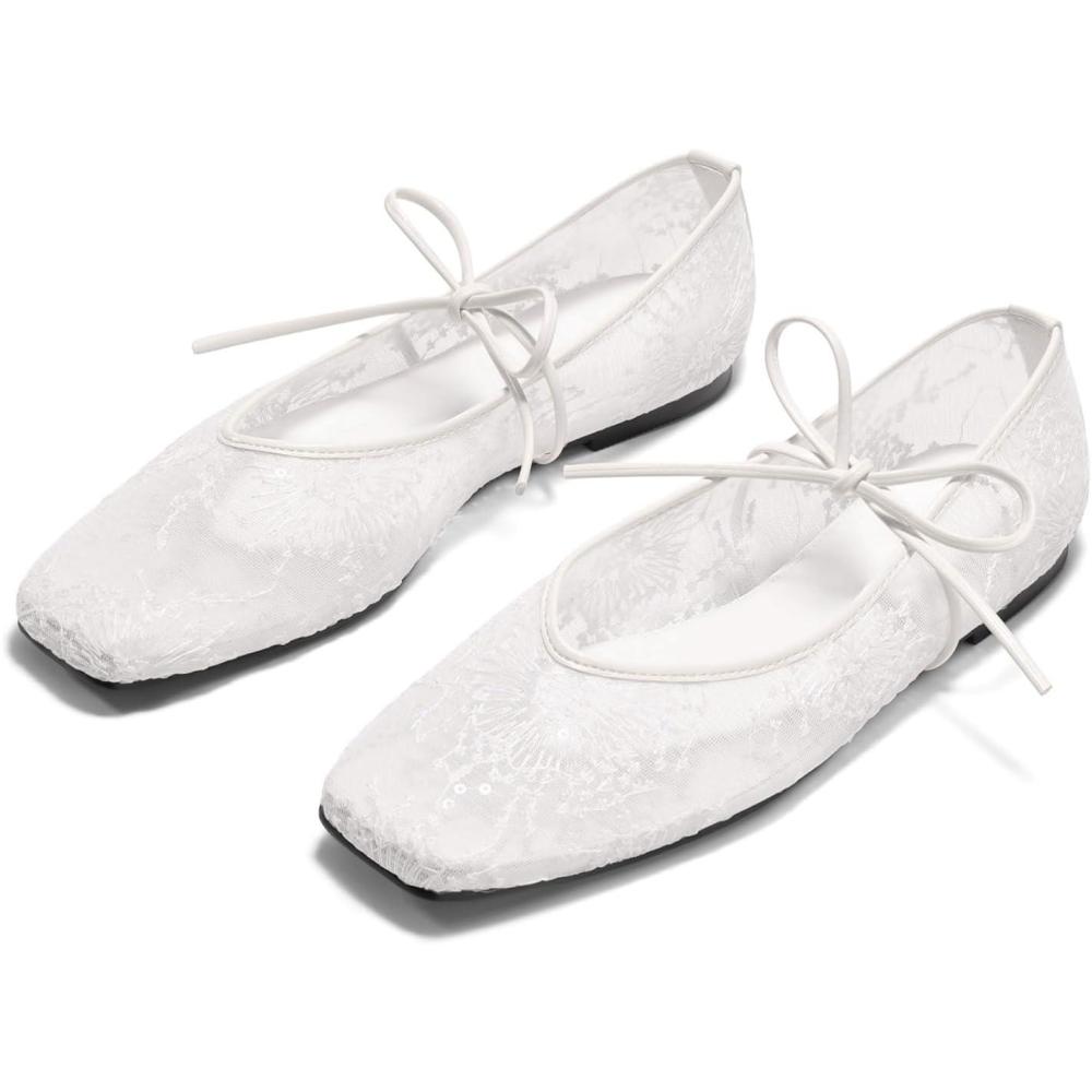 image:imageCoutgo Womens Mary Jane Flats Lace Up Square Toe Ballet Ballerina Flats Slip On Comfortable Dressy ShoesWhite Mesh