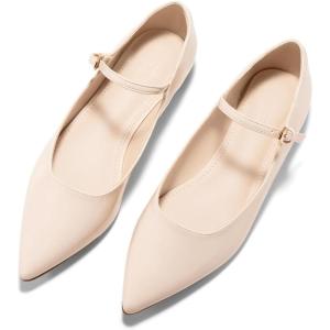 Coutgo Womens Mary Jane Flats Closed Pointed Toe Ballet Flats Ankle Strap Work Dress Shoes(Beige)