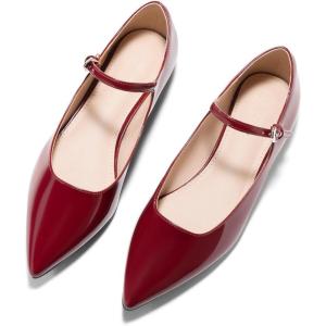 Coutgo Womens Mary Jane Flats Closed Pointed Toe Ballet Flats Ankle Strap Work Dress Shoes(Burgundy)