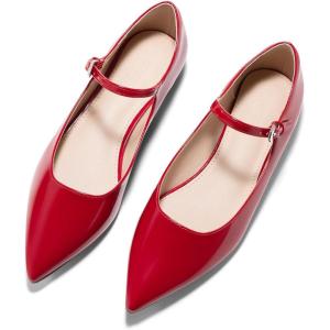 Coutgo Womens Mary Jane Flats Closed Pointed Toe Ballet Flats Ankle Strap Work Dress Shoes(Red)
