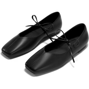 Coutgo Womens Mary Jane Flats Lace Up Square Toe Ballet Ballerina Flats Slip On Comfortable Dressy Shoes(Black Pu)
