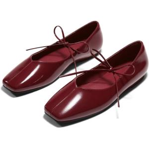 Coutgo Womens Mary Jane Flats Lace Up Square Toe Ballet Ballerina Flats Slip On Comfortable Dressy Shoes(Burgundy Patent Leather)
