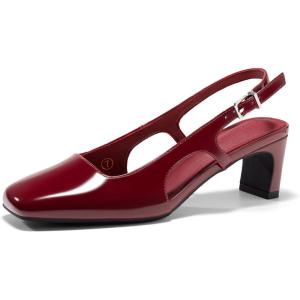 Coutgo Womens Slingback Chunky Low Heels Closed Square Toe Pumps Wedding Party Dress Shoes(Burgundy Patent)