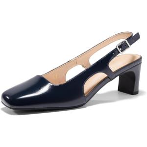 Coutgo Womens Slingback Chunky Low Heels Closed Square Toe Pumps Wedding Party Dress Shoes(Navy Patent)