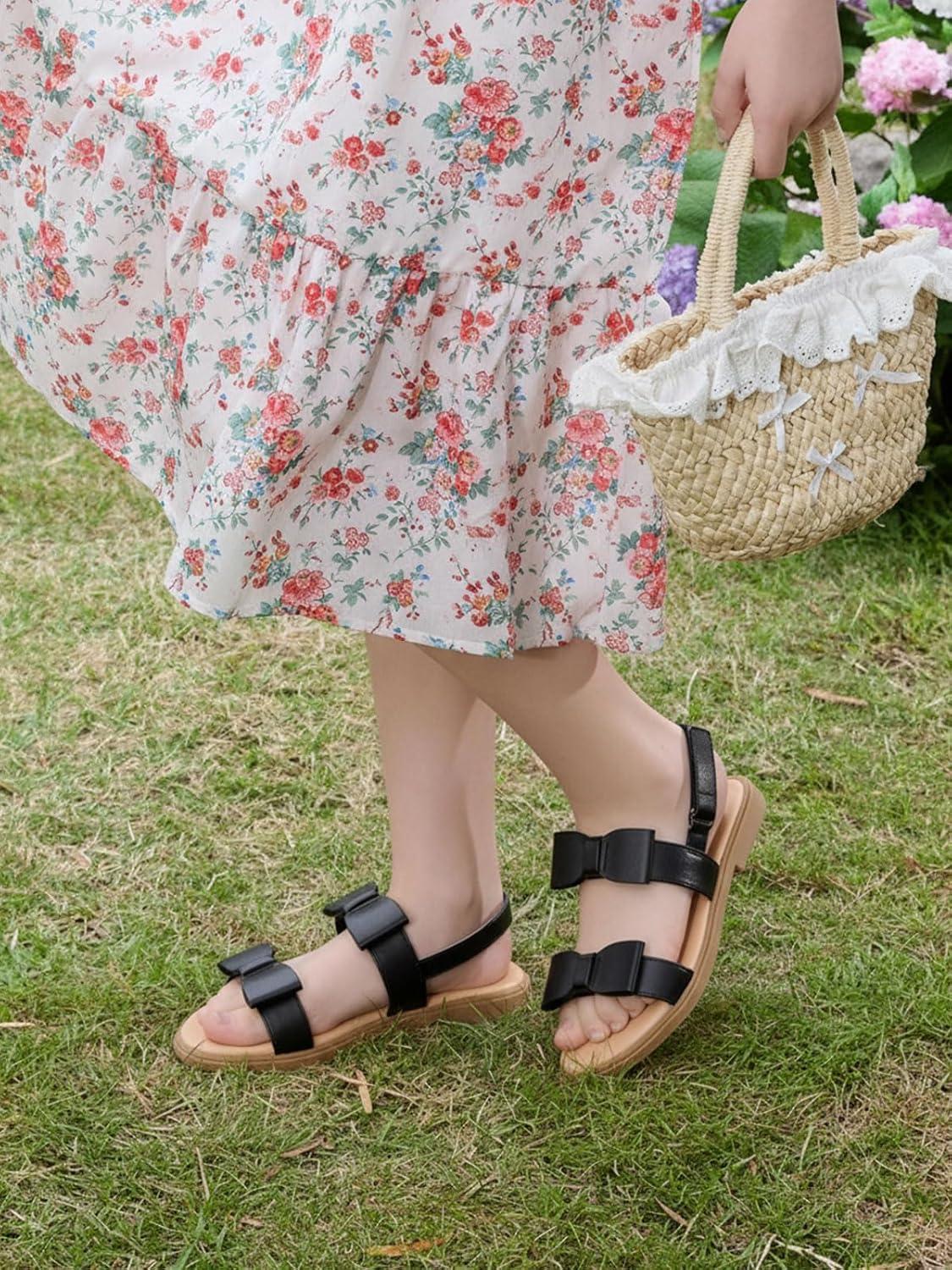 image:imageCoutgo Girls Bow Sandals Open Toe Ankle Strap Flat Sandals Flower Girl Party Dress ShoesBlack