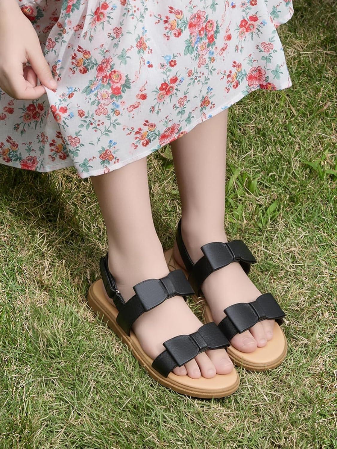 image:imageCoutgo Girls Bow Sandals Open Toe Ankle Strap Flat Sandals Flower Girl Party Dress ShoesBlack