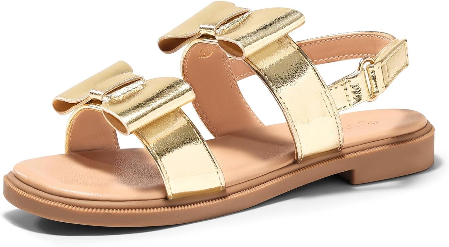 image:imageCoutgo Girls Bow Sandals Open Toe Ankle Strap Flat Sandals Flower Girl Party Dress ShoesGold