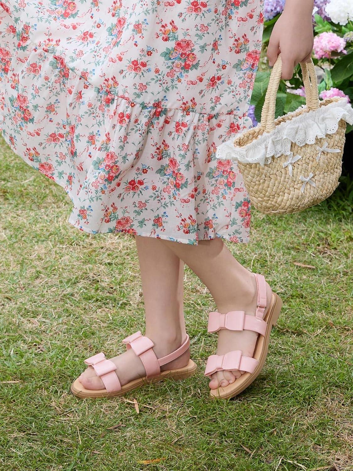 image:imageCoutgo Girls Bow Sandals Open Toe Ankle Strap Flat Sandals Flower Girl Party Dress ShoesPink