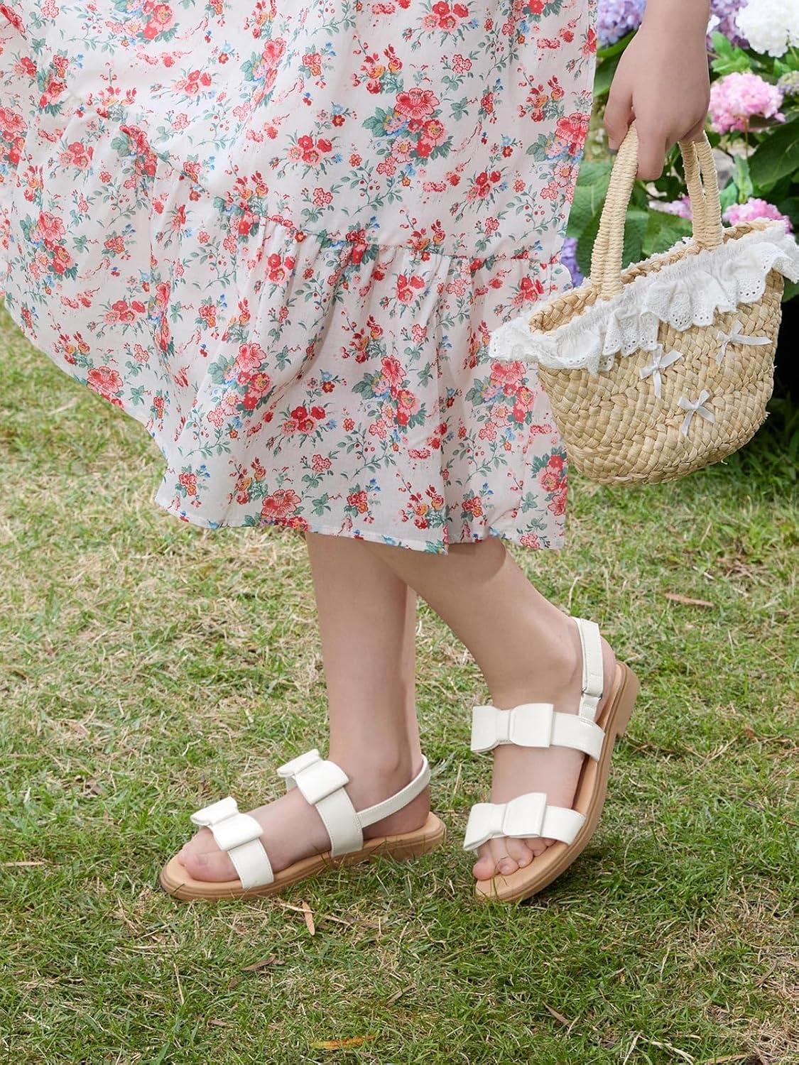 image:imageCoutgo Girls Bow Sandals Open Toe Ankle Strap Flat Sandals Flower Girl Party Dress ShoesWhite