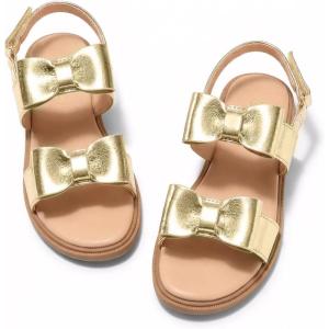 Coutgo Girls Bow Sandals Open Toe Ankle Strap Flat Sandals Flower Girl Party Dress Shoes(Gold)
