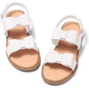 Coutgo Girls Bow Sandals Open Toe Ankle Strap Flat Sandals Flower Girl Party Dress Shoes(White)