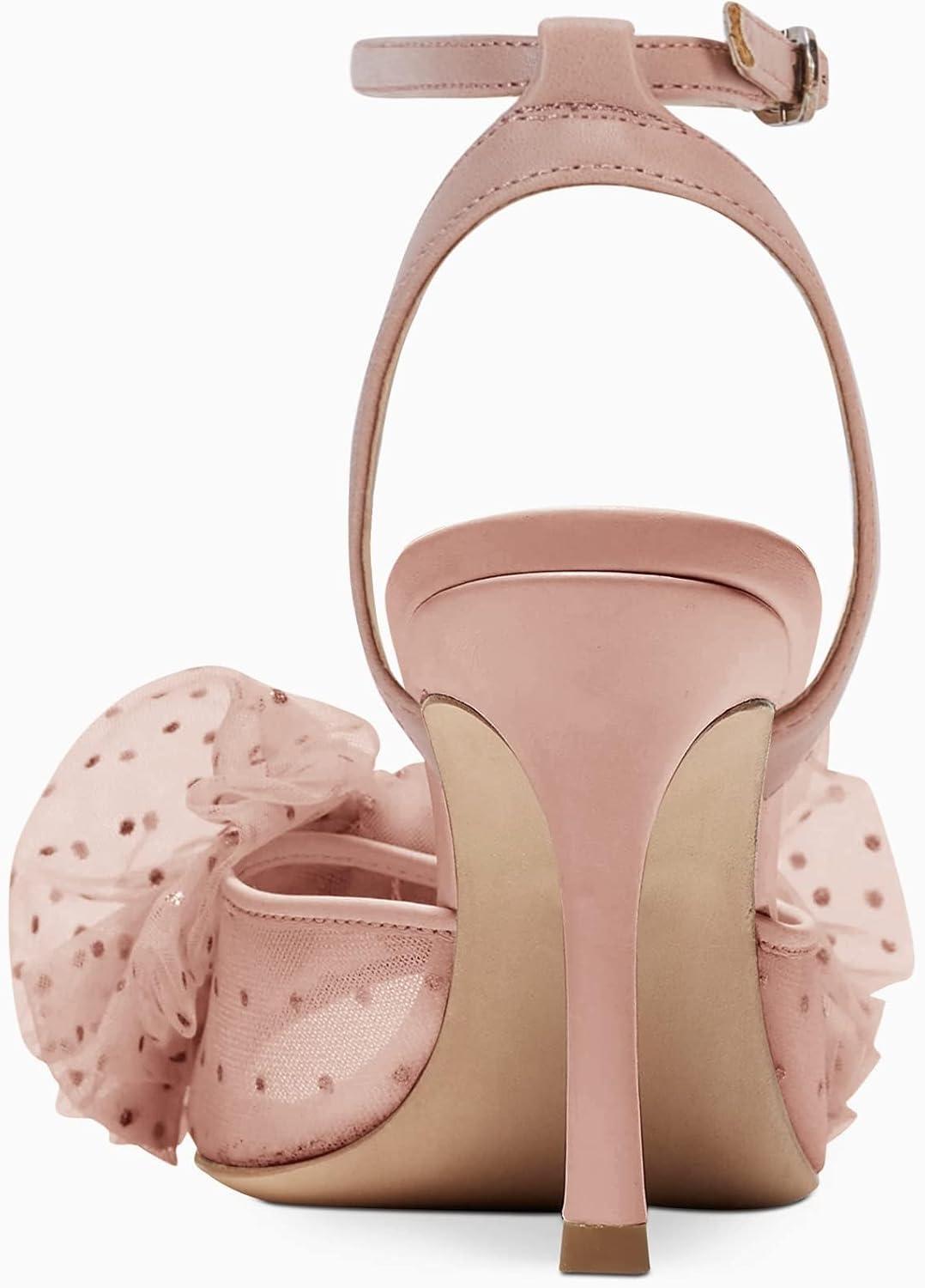 image:imageCoutgo Womens Bow Tie Heels Sandals Slingback Peep Toe Wedding Heels Mesh High Stiletto Heel Summer Cute Wedding Bridal ShoesApricot Pink