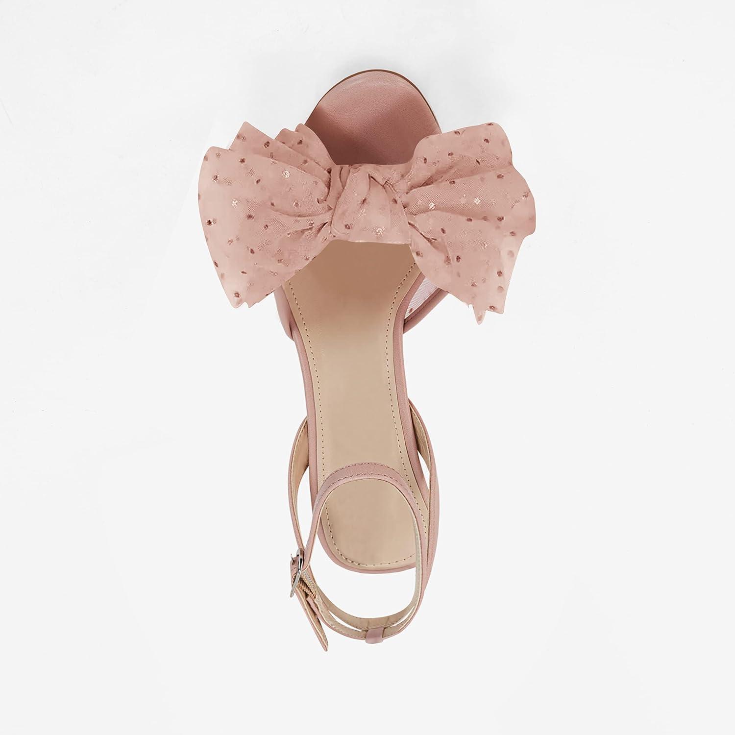 image:imageCoutgo Womens Bow Tie Heels Sandals Slingback Peep Toe Wedding Heels Mesh High Stiletto Heel Summer Cute Wedding Bridal ShoesApricot Pink