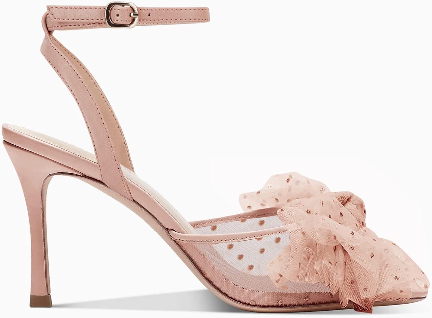 image:imageCoutgo Womens Bow Tie Heels Sandals Slingback Peep Toe Wedding Heels Mesh High Stiletto Heel Summer Cute Wedding Bridal ShoesApricot Pink