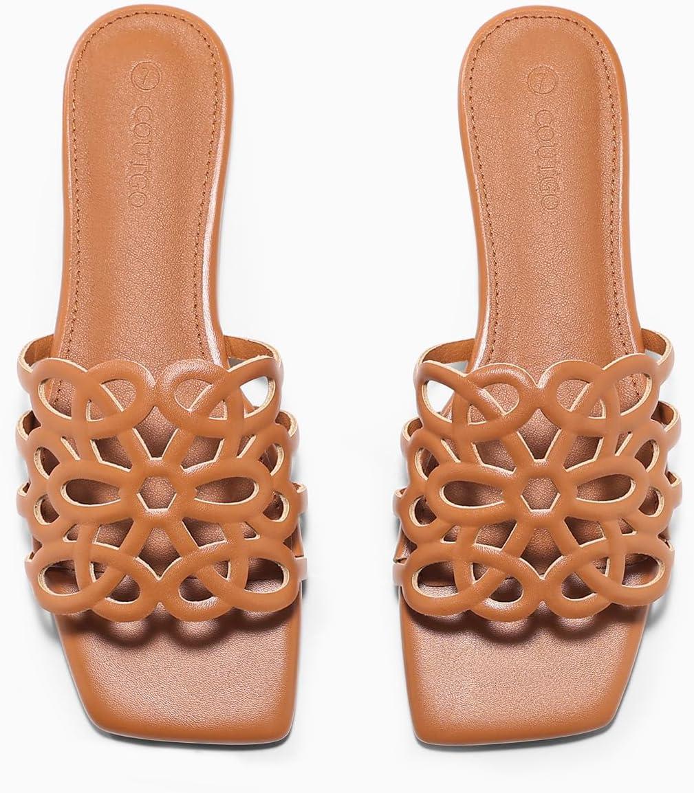 image:imageCoutgo Womens Flat Sandals Comfortable Square Open Toe Slides Slip On Summer Dressy Beach Shoes Brown size 10