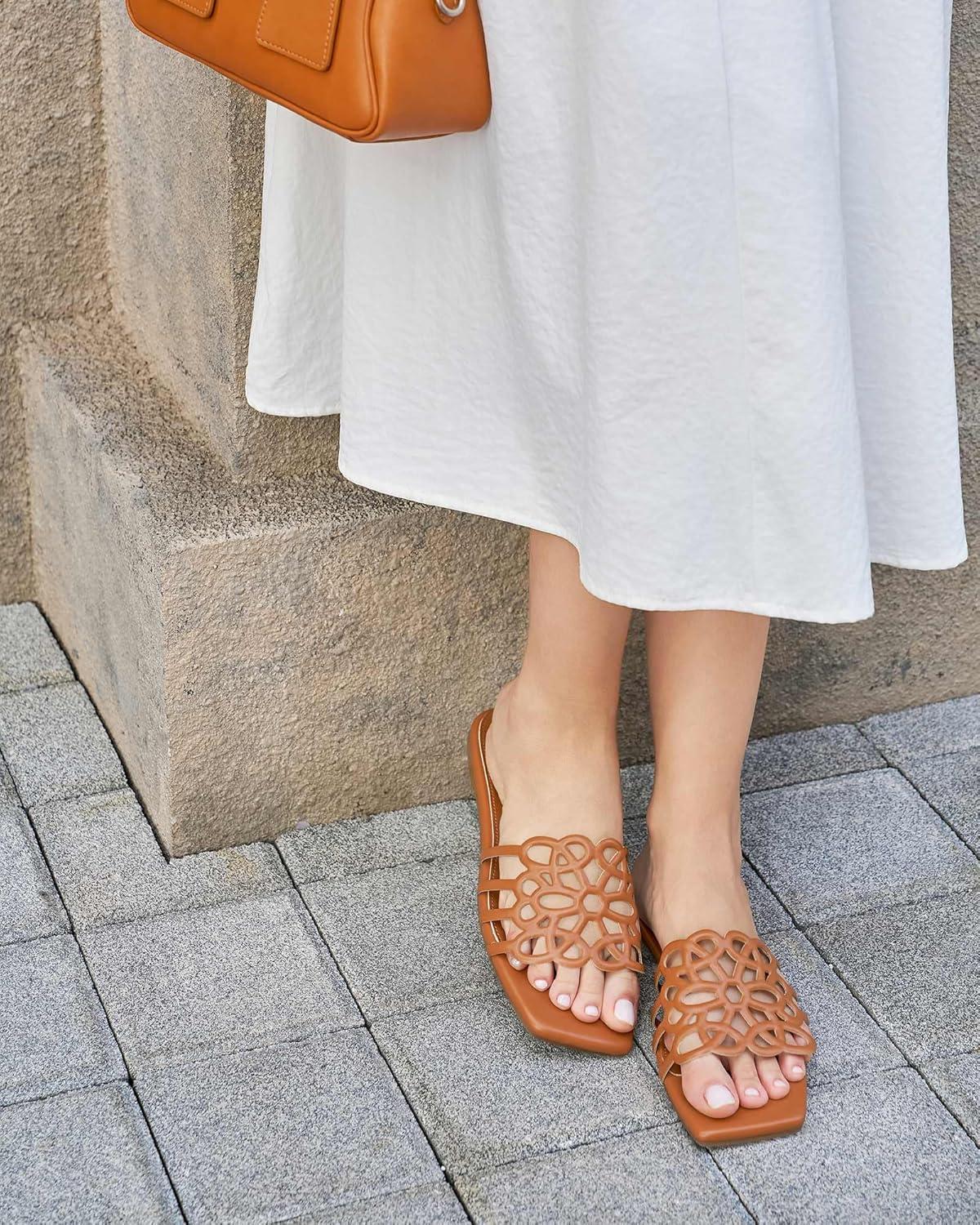 image:imageCoutgo Womens Flat Sandals Comfortable Square Open Toe Slides Slip On Summer Dressy Beach Shoes Brown size 10
