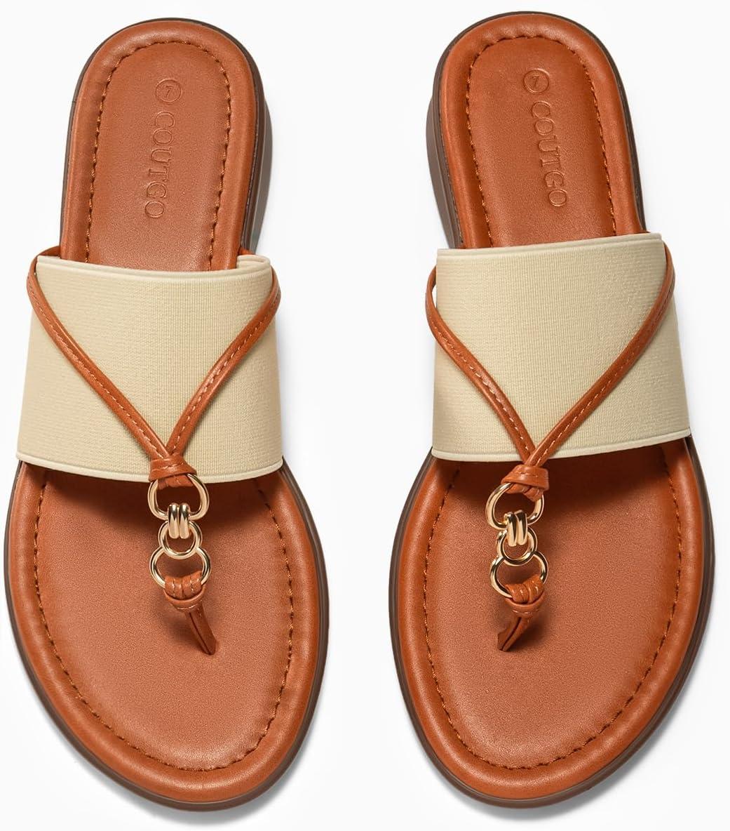 image:imageCoutgo Womens Flip Flops Wedge Sandals Dressy Beach Summer Flats Comfortable Slip on Stretch Slippers ShoesBeige