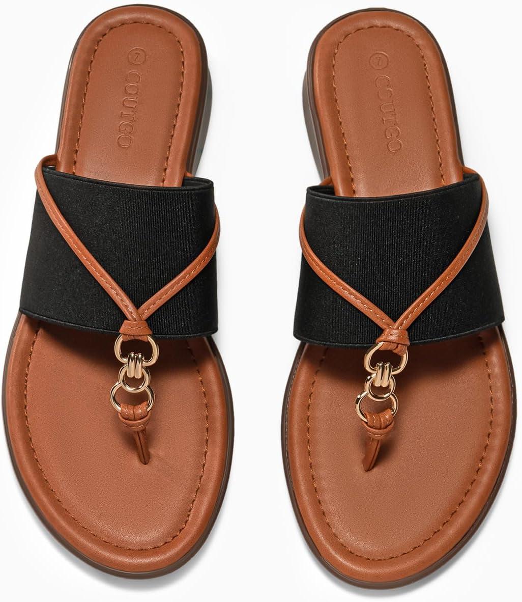 image:imageCoutgo Womens Flip Flops Wedge Sandals Dressy Beach Summer Flats Comfortable Slip on Stretch Slippers ShoesBlack